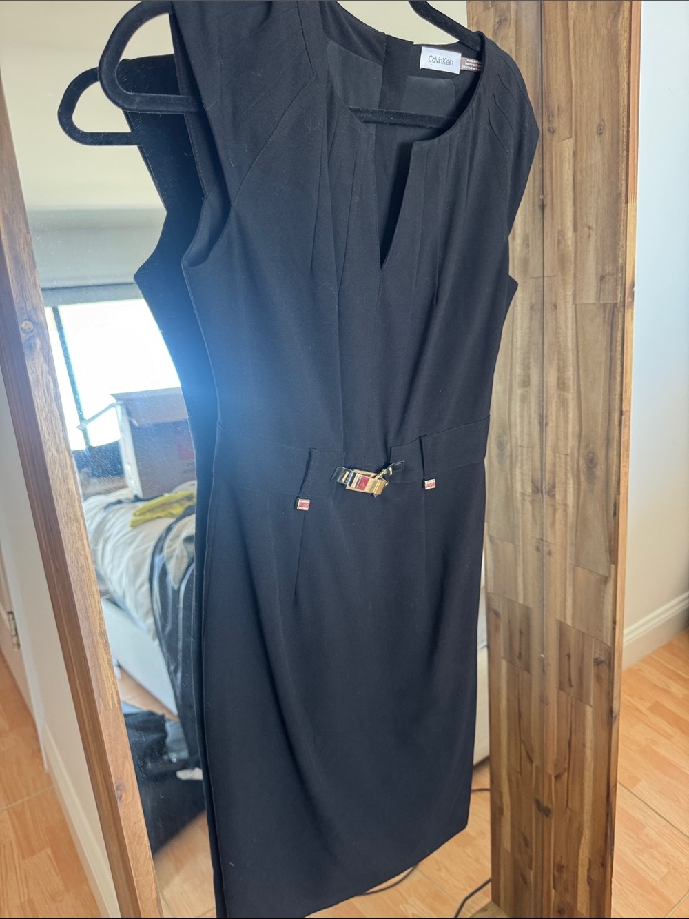 Calvin Klein Black Midi Sheath Dress with Gold-Tone Buckle